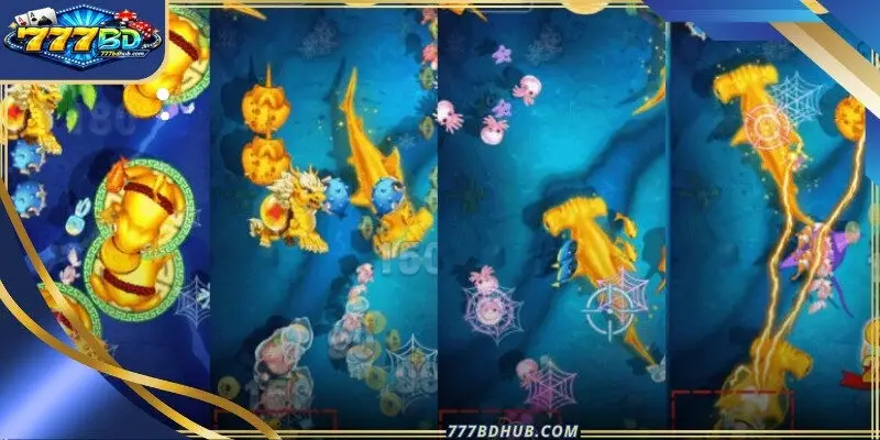 A high-tech cannon focuses on a rare glowing shark in Oneshot Fishing